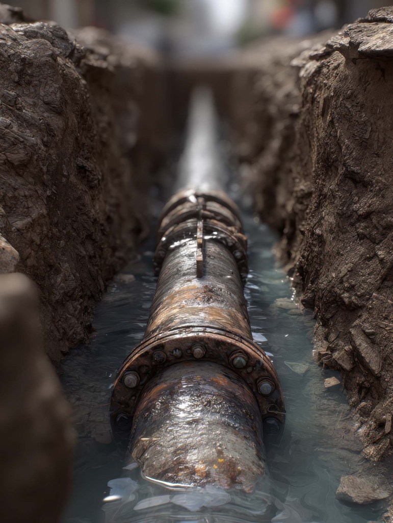a cut main sewer line being hydro jetted for cleaning
